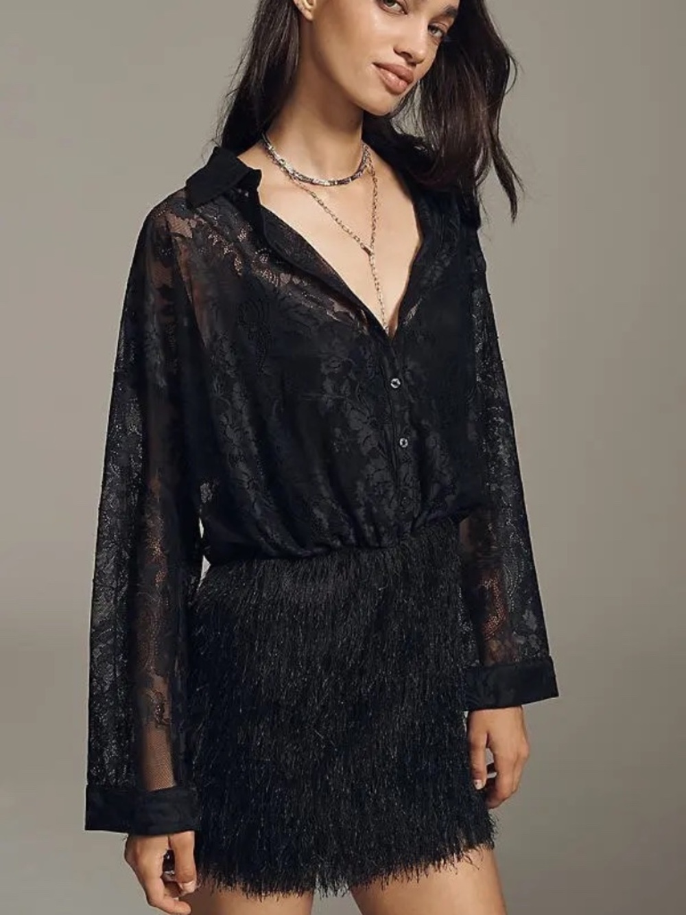 Anthropologie Maeve Fringe Twofer Mini Shirtdress BLACK XS PETITE NWT